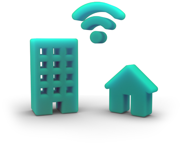 3D graphic showing a tall building and a house