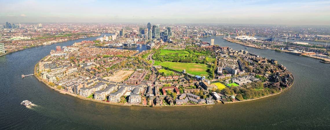 An aerial photo of the Isle of Dogs in London